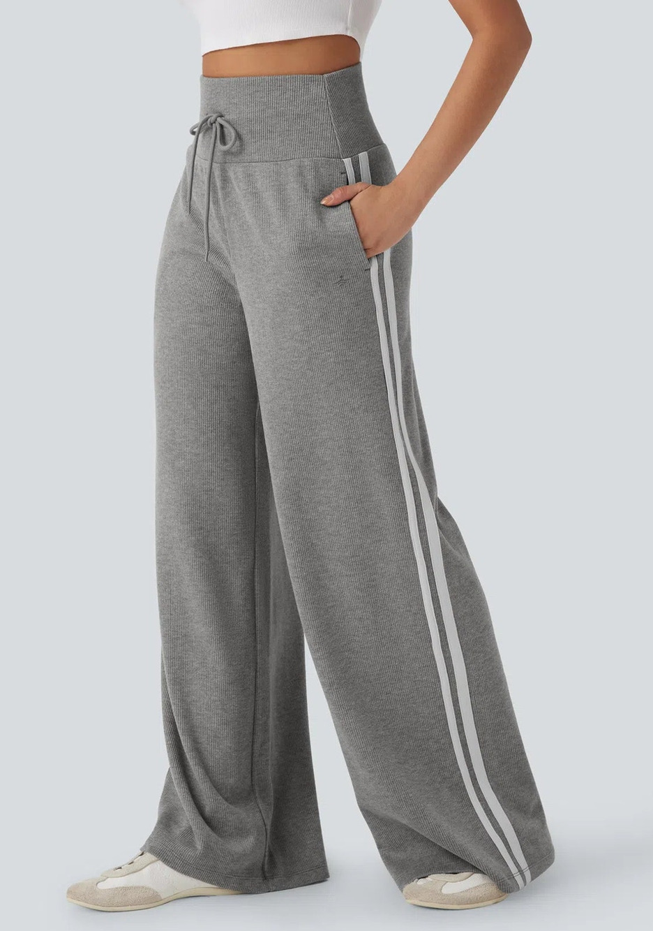Halara Ribbed High Waisted Drawstring Wide Leg Fleece Trousers Gray L